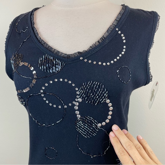 Kikit Vintage Black Silver Beaded Embellished Circles Blouse Top Women Medium - Picture 6 of 8